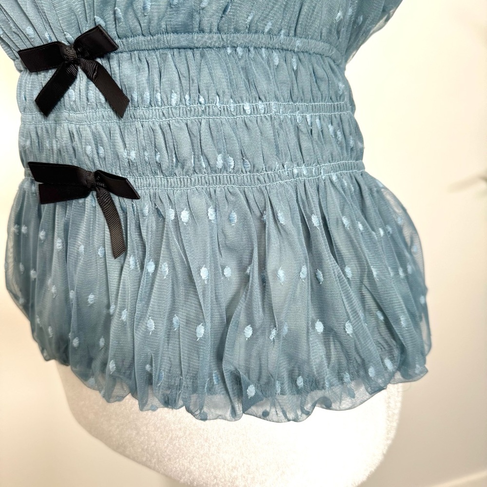 Anthropologie Dolan Bow Trim Sheer Bubble Top NWT S Blue Coquette Fairy - Picture 8 of 10